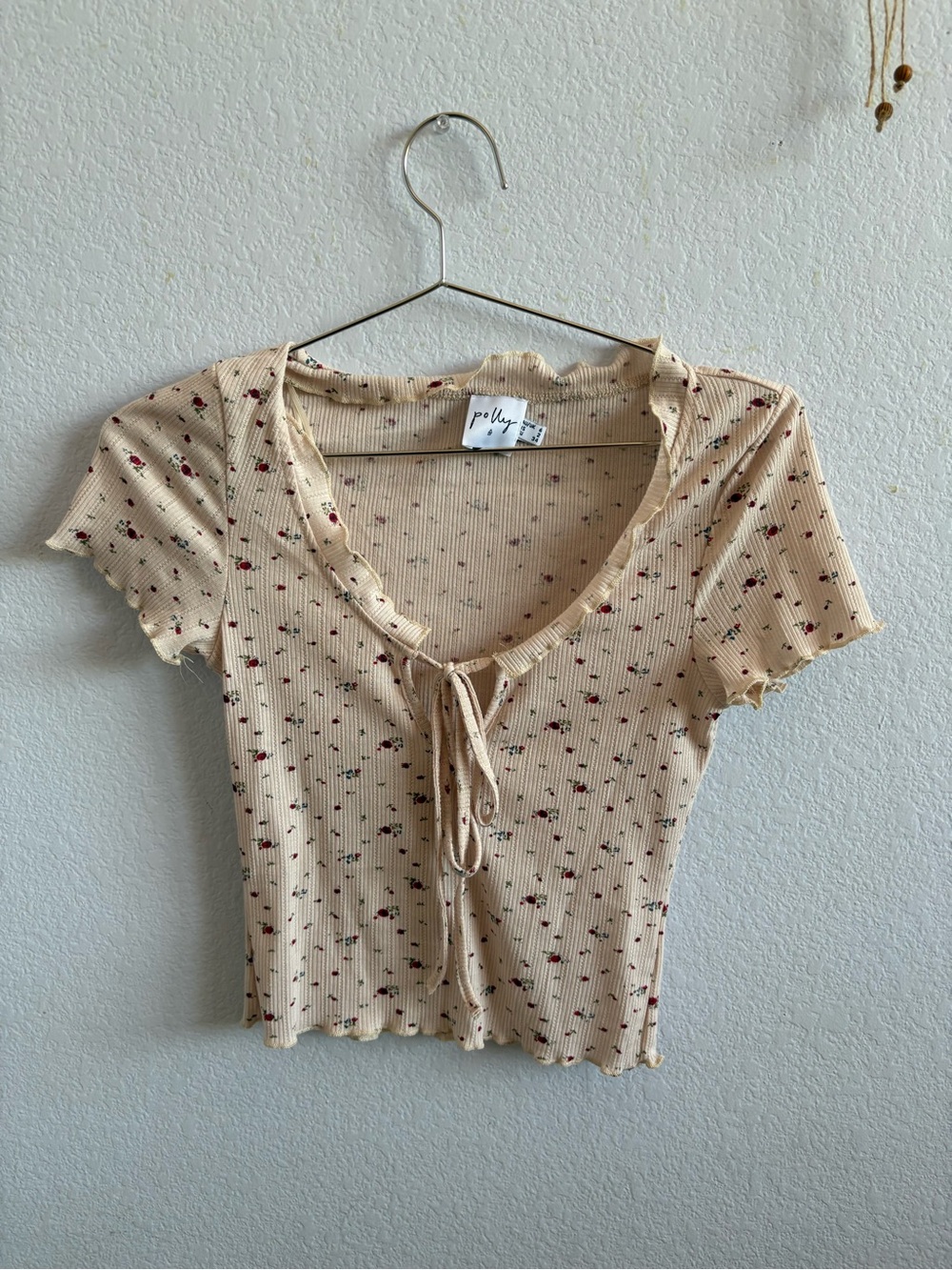 Princess Polly Cream Ribbed Floral Tie-Front Crop Top